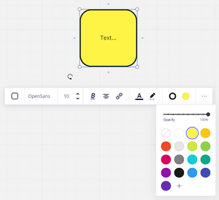 Beispielszene von webwhiteboard.com: Es wurde ein gelbes Quadrat mit abgerundeten Ecken und schwarzer Kontur erstellt, in der Mitte steht ein Text. Wenn das Quadrat ausgewählt wird, erscheint eine Leiste, mit der die Eigenschaften (Form, Farbe, Schriftgröße usw.) des Elements verändert werden können.